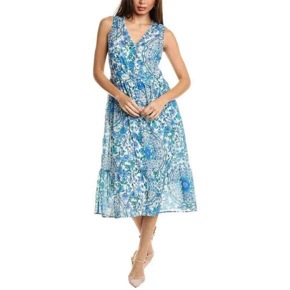 Johnny Was Dresses & Skirts - Johnny Was Willow Blue Floral Tank Midi Dress Size S Tiered Ruffle Pockets